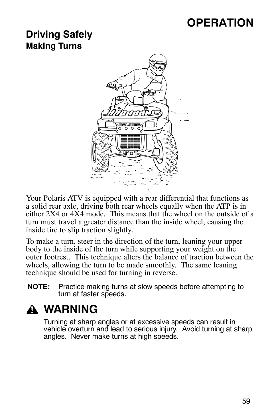 Operation, Warning, Driving safely | Polaris ATP 330 4x4 User Manual | Page 62 / 140