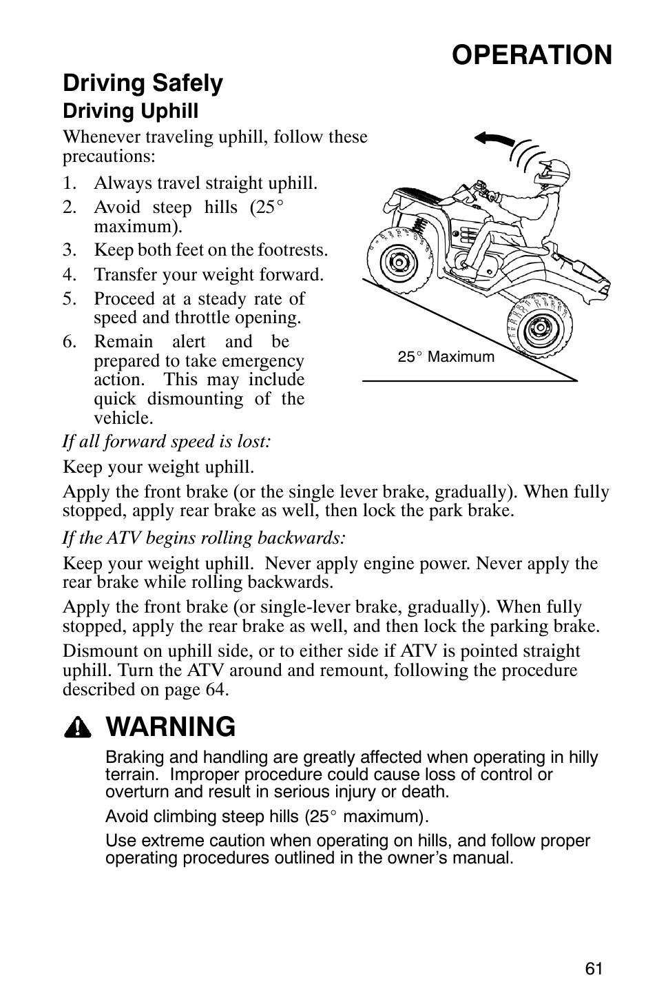 Operation, Warning, Driving safely | Polaris ATP 330 4x4 User Manual | Page 64 / 140