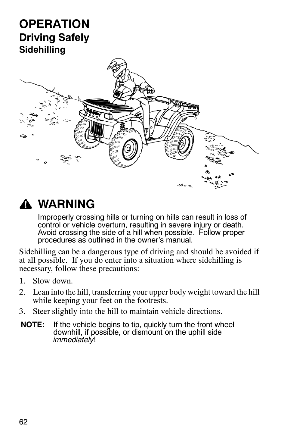 Operation, Warning, Driving safely | Polaris ATP 330 4x4 User Manual | Page 65 / 140