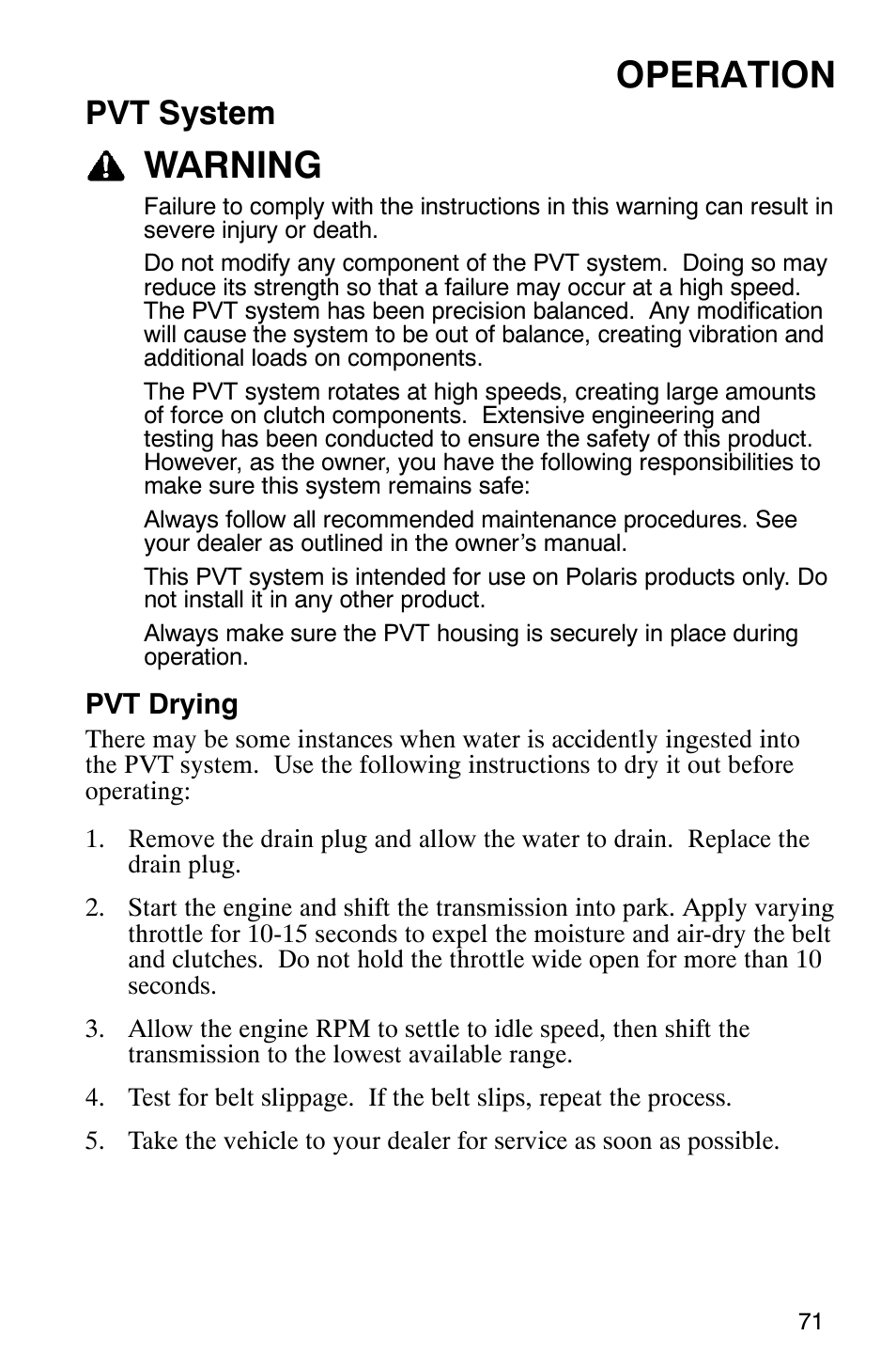 Operation, Warning, Pvt system | Polaris ATP 330 4x4 User Manual | Page 74 / 140