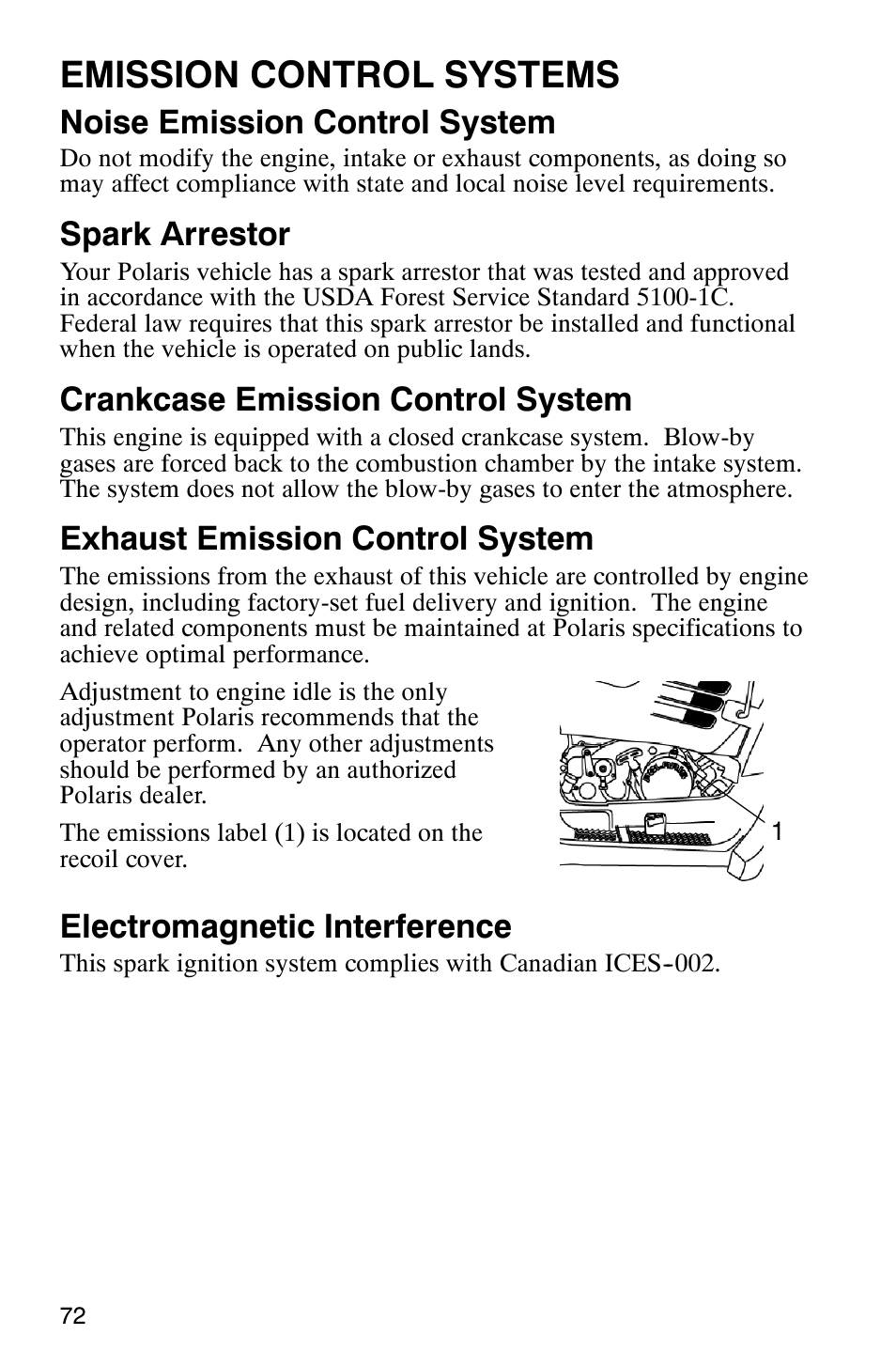 Emission control systems, Noise emission control system, Spark arrestor | Crankcase emission control system, Exhaust emission control system, Electromagnetic interference | Polaris ATP 330 4x4 User Manual | Page 75 / 140