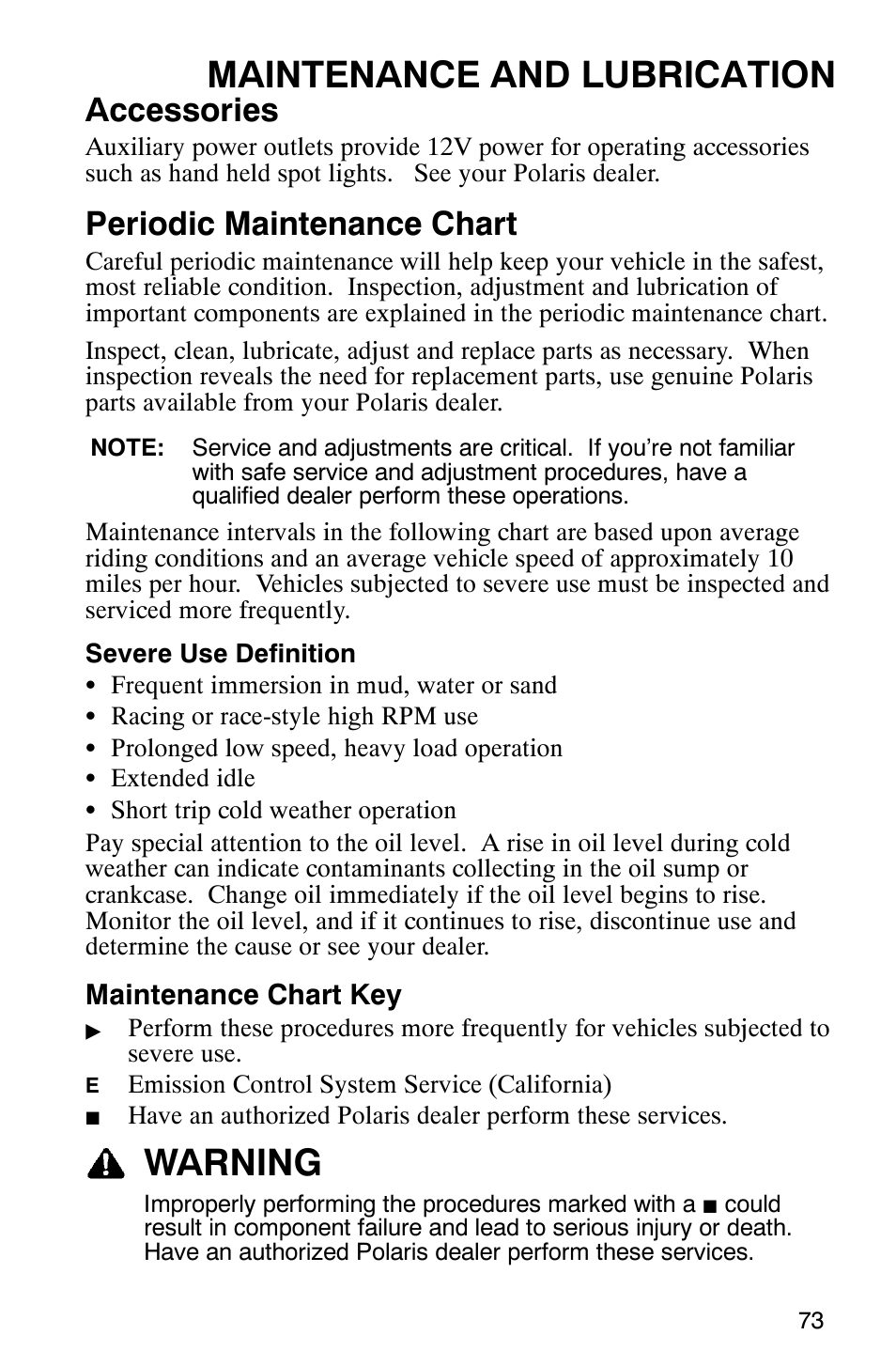 Maintenance and lubrication, Warning, Accessories | Periodic maintenance chart | Polaris ATP 330 4x4 User Manual | Page 76 / 140