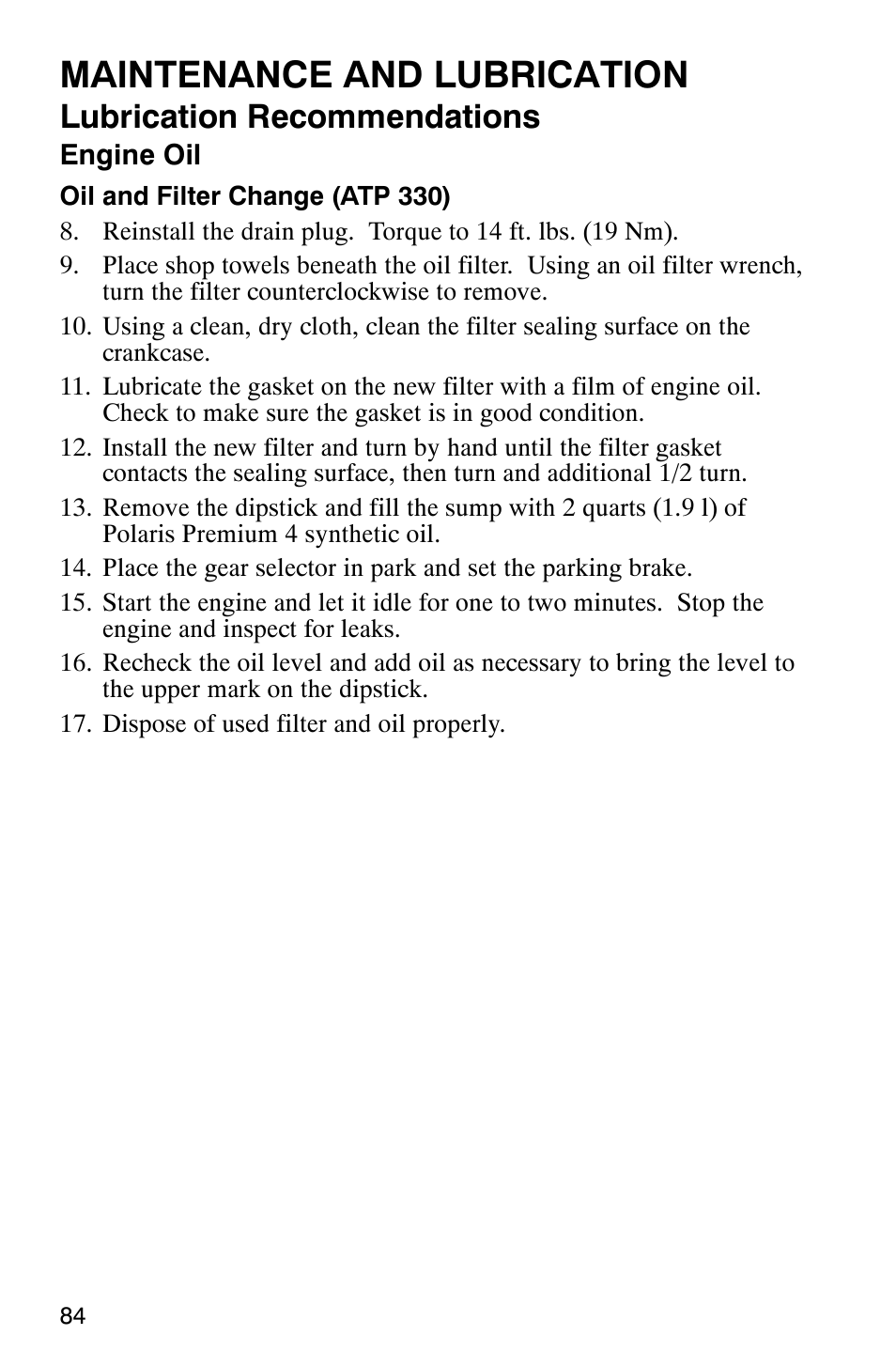Maintenance and lubrication, Lubrication recommendations | Polaris ATP 330 4x4 User Manual | Page 87 / 140