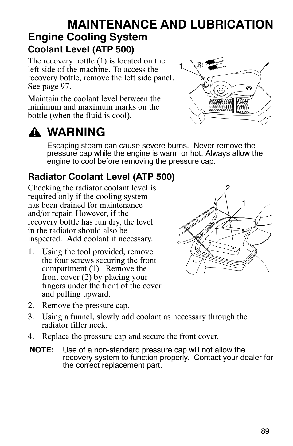 Maintenance and lubrication, Warning, Engine cooling system | Polaris ATP 330 4x4 User Manual | Page 92 / 140