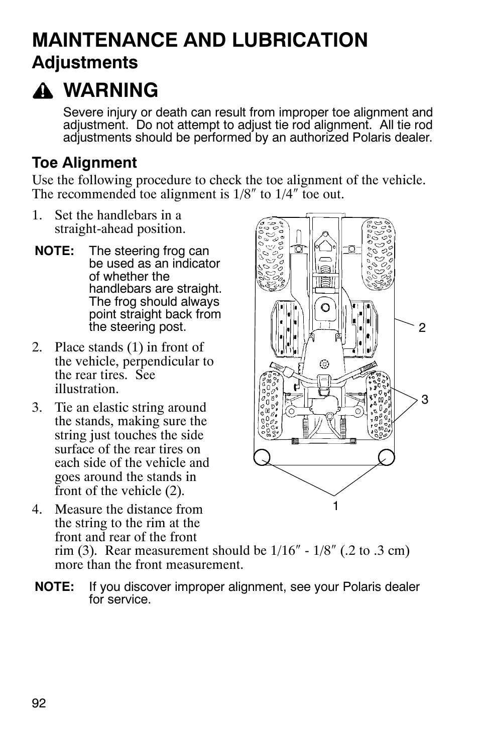 Maintenance and lubrication, Warning, Adjustments | Polaris ATP 330 4x4 User Manual | Page 95 / 140
