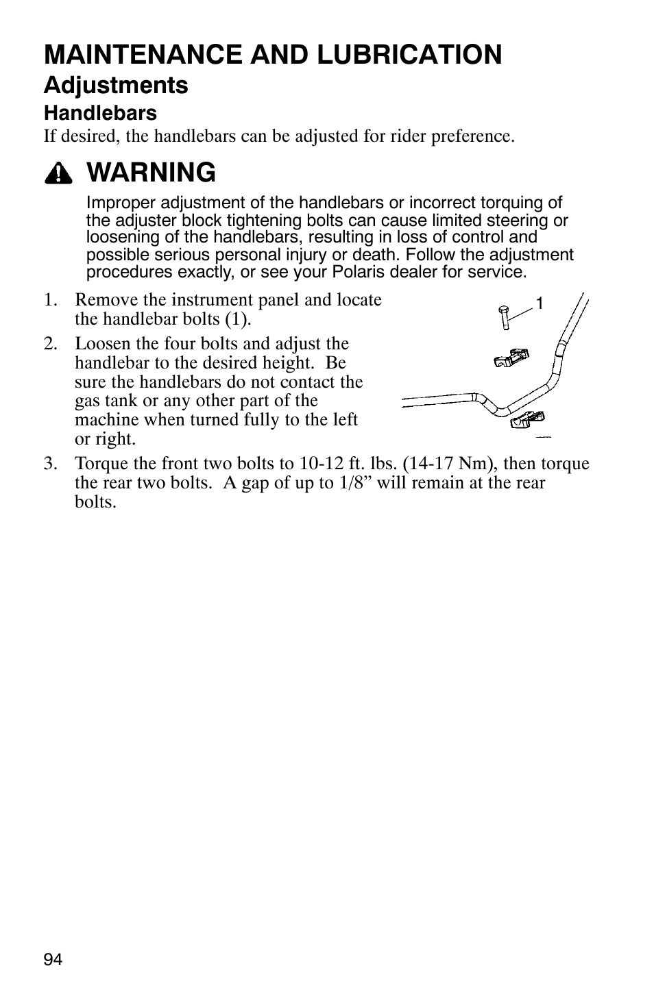 Maintenance and lubrication, Warning, Adjustments | Polaris ATP 330 4x4 User Manual | Page 97 / 140