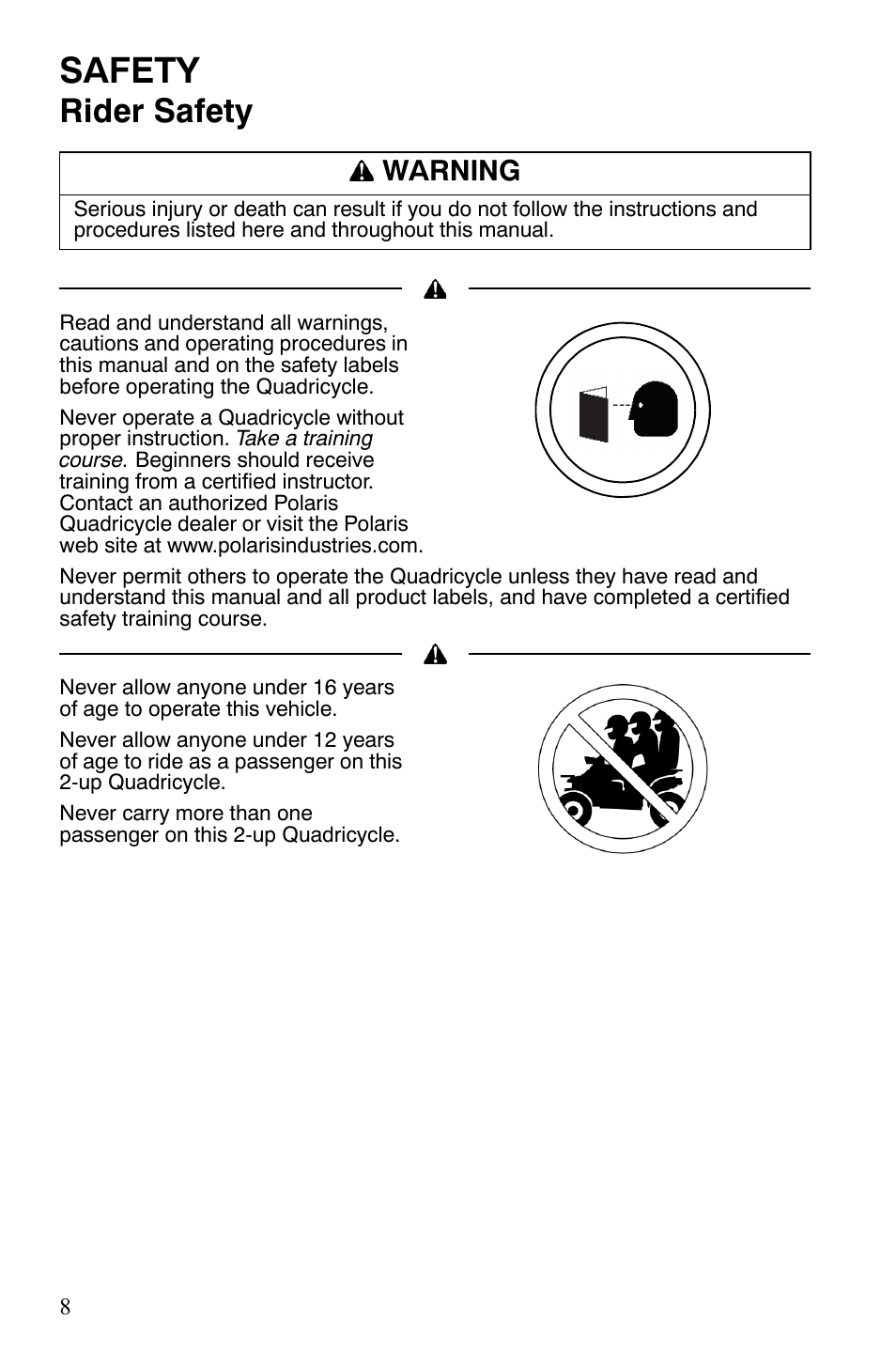 Safety, Rider safety, Warning | Polaris Sportsman 9922172 User Manual | Page 10 / 140