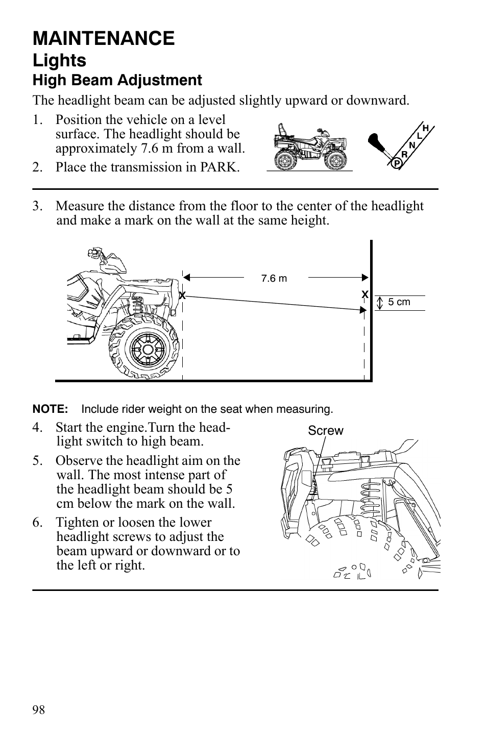 Maintenance, Lights, High beam adjustment | Polaris Sportsman 9922172 User Manual | Page 100 / 140