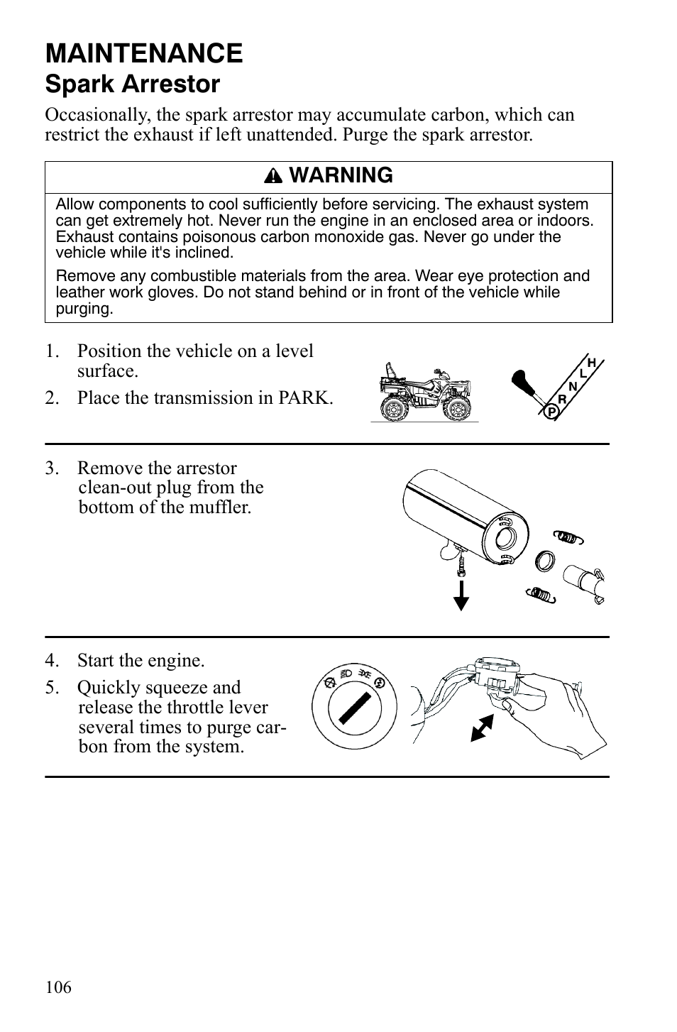 Maintenance, Spark arrestor, Warning | Polaris Sportsman 9922172 User Manual | Page 108 / 140