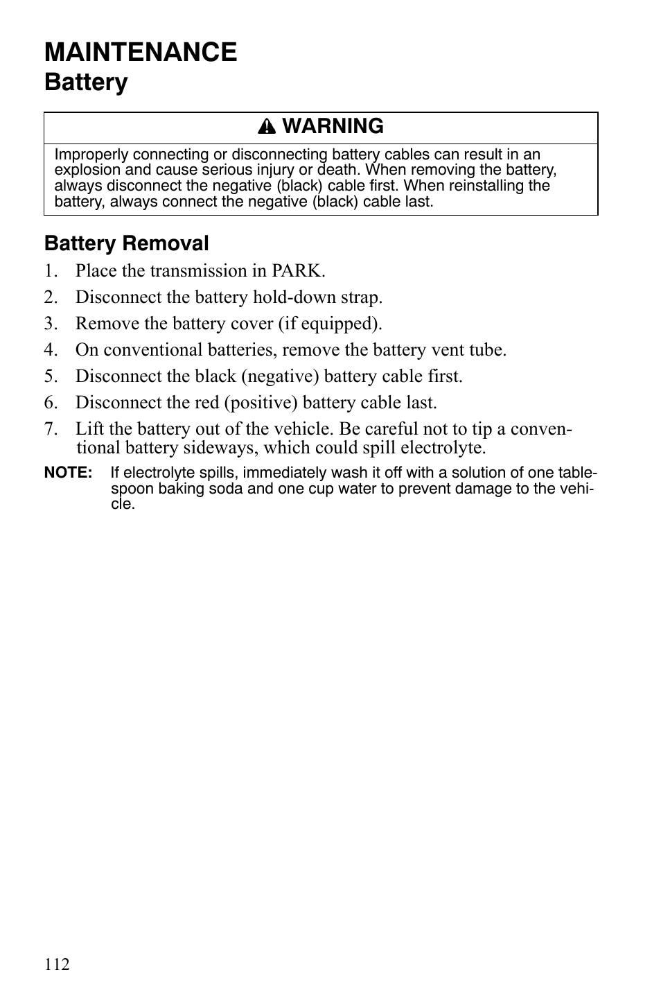 Maintenance, Battery, Battery removal | Warning | Polaris Sportsman 9922172 User Manual | Page 114 / 140