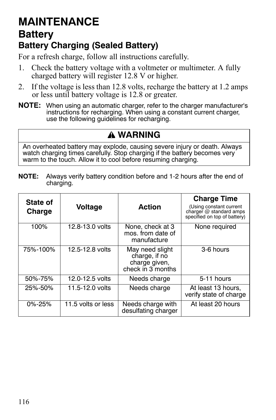 Maintenance, Battery, Battery charging (sealed battery) | Warning | Polaris Sportsman 9922172 User Manual | Page 118 / 140