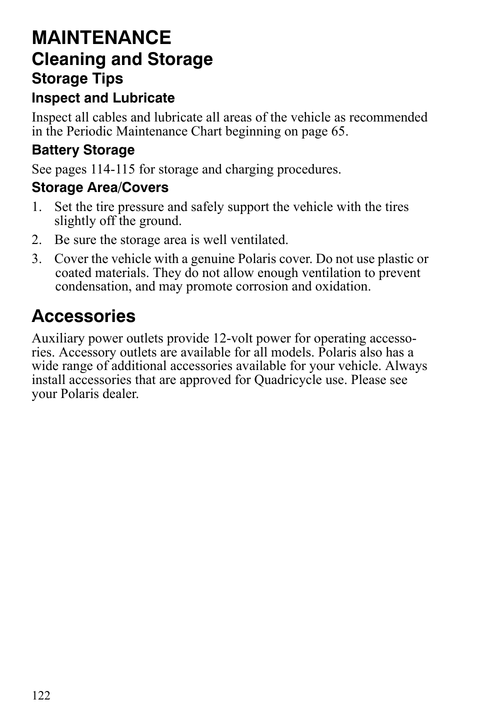 Maintenance, Cleaning and storage, Accessories | Polaris Sportsman 9922172 User Manual | Page 124 / 140