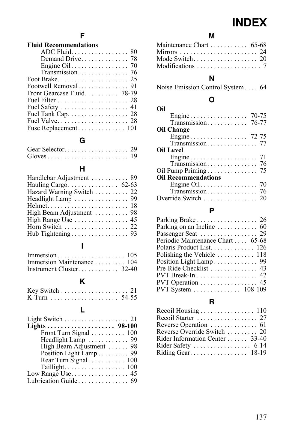 Index | Polaris Sportsman 9922172 User Manual | Page 139 / 140