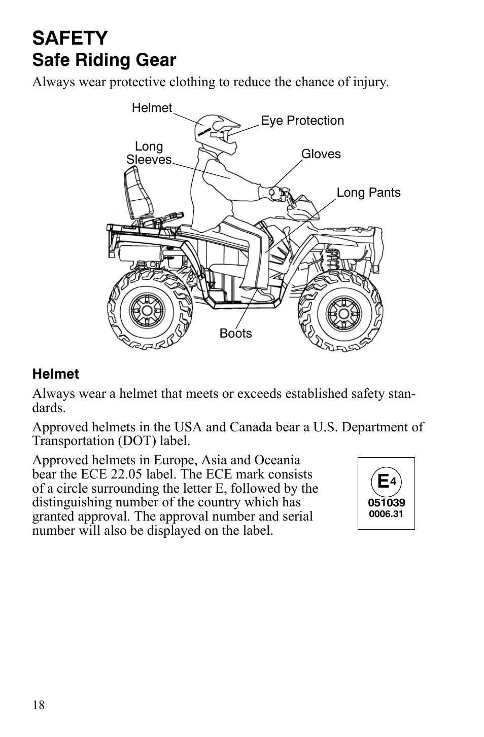 Safety, Safe riding gear | Polaris Sportsman 9922172 User Manual | Page 20 / 140