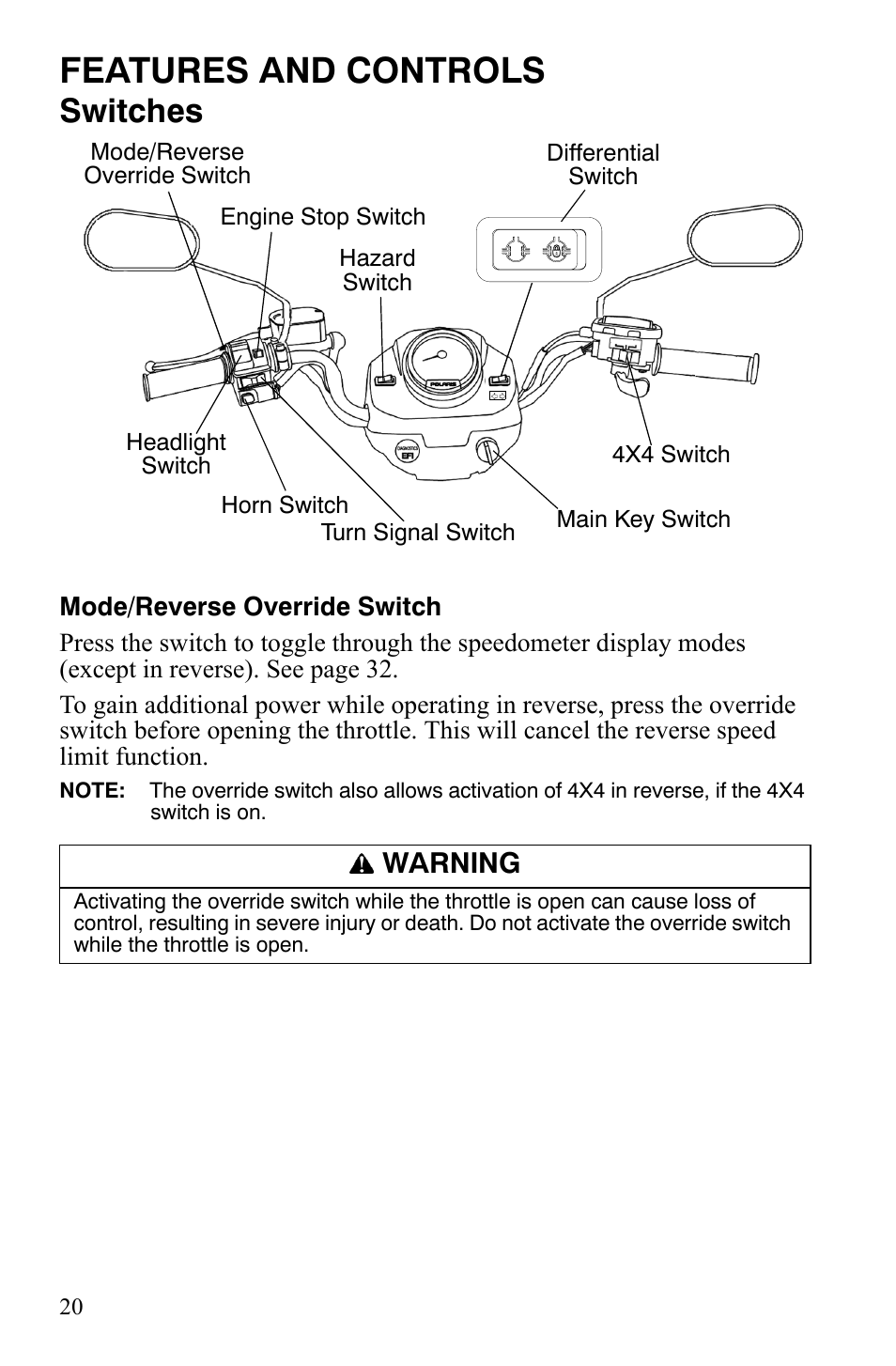 Features and controls, Switches, Warning | Polaris Sportsman 9922172 User Manual | Page 22 / 140