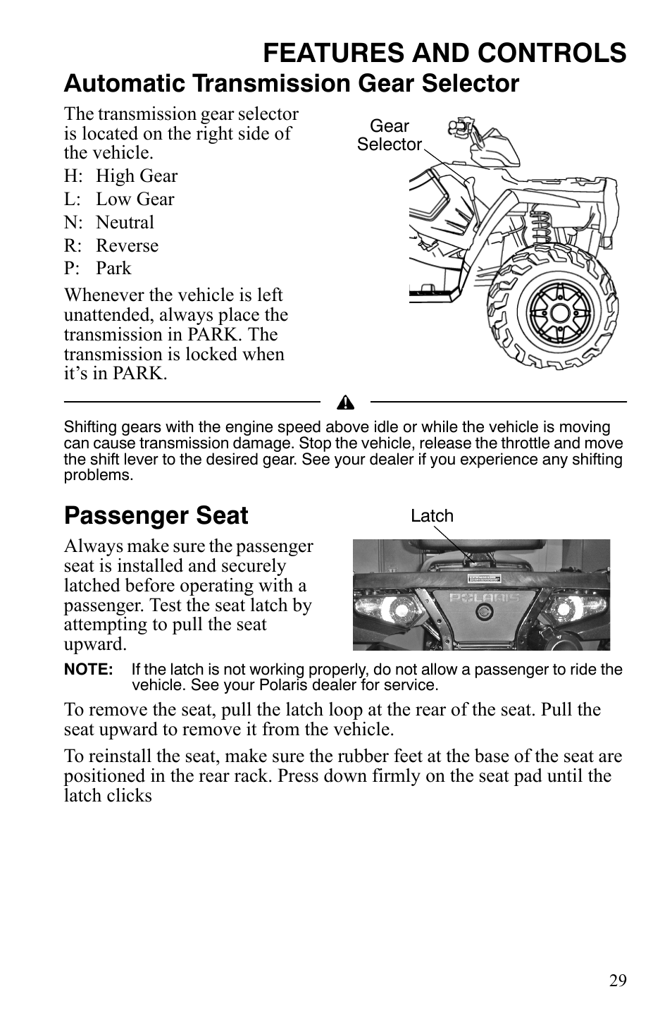 Features and controls, Automatic transmission gear selector, Passenger seat | Polaris Sportsman 9922172 User Manual | Page 31 / 140