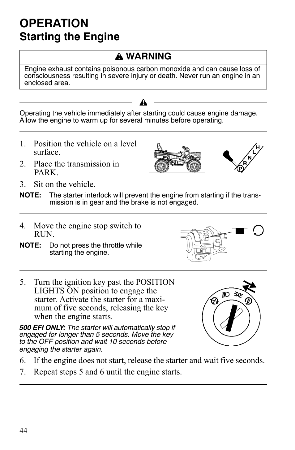 Operation, Starting the engine, Warning | Polaris Sportsman 9922172 User Manual | Page 46 / 140