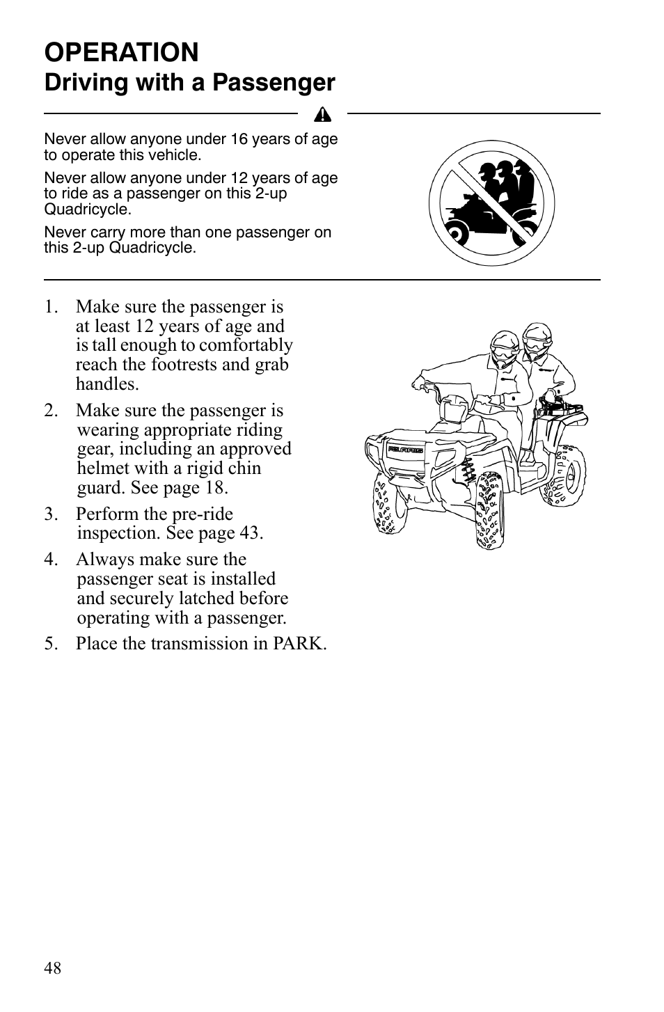 Operation, Driving with a passenger | Polaris Sportsman 9922172 User Manual | Page 50 / 140