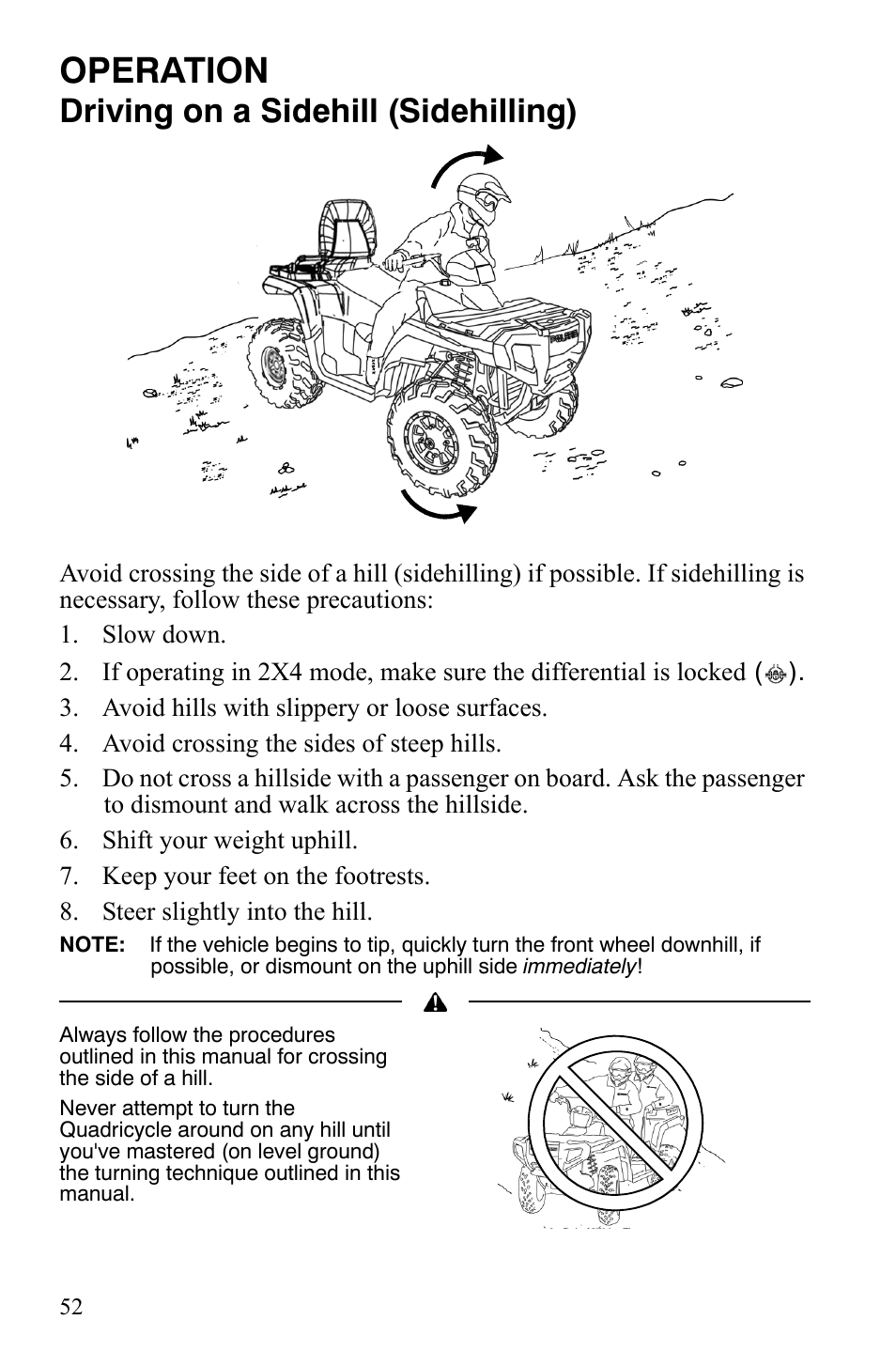 Operation, Driving on a sidehill (sidehilling) | Polaris Sportsman 9922172 User Manual | Page 54 / 140