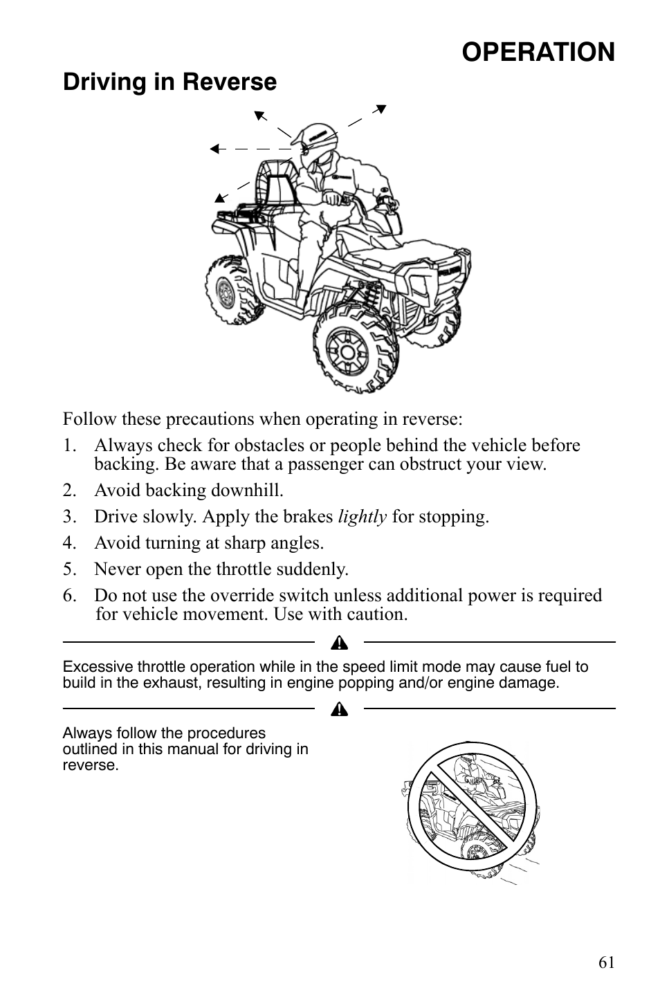 Operation, Driving in reverse | Polaris Sportsman 9922172 User Manual | Page 63 / 140