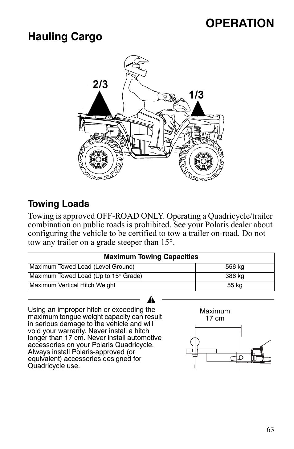 Operation, Hauling cargo, Towing loads | Polaris Sportsman 9922172 User Manual | Page 65 / 140