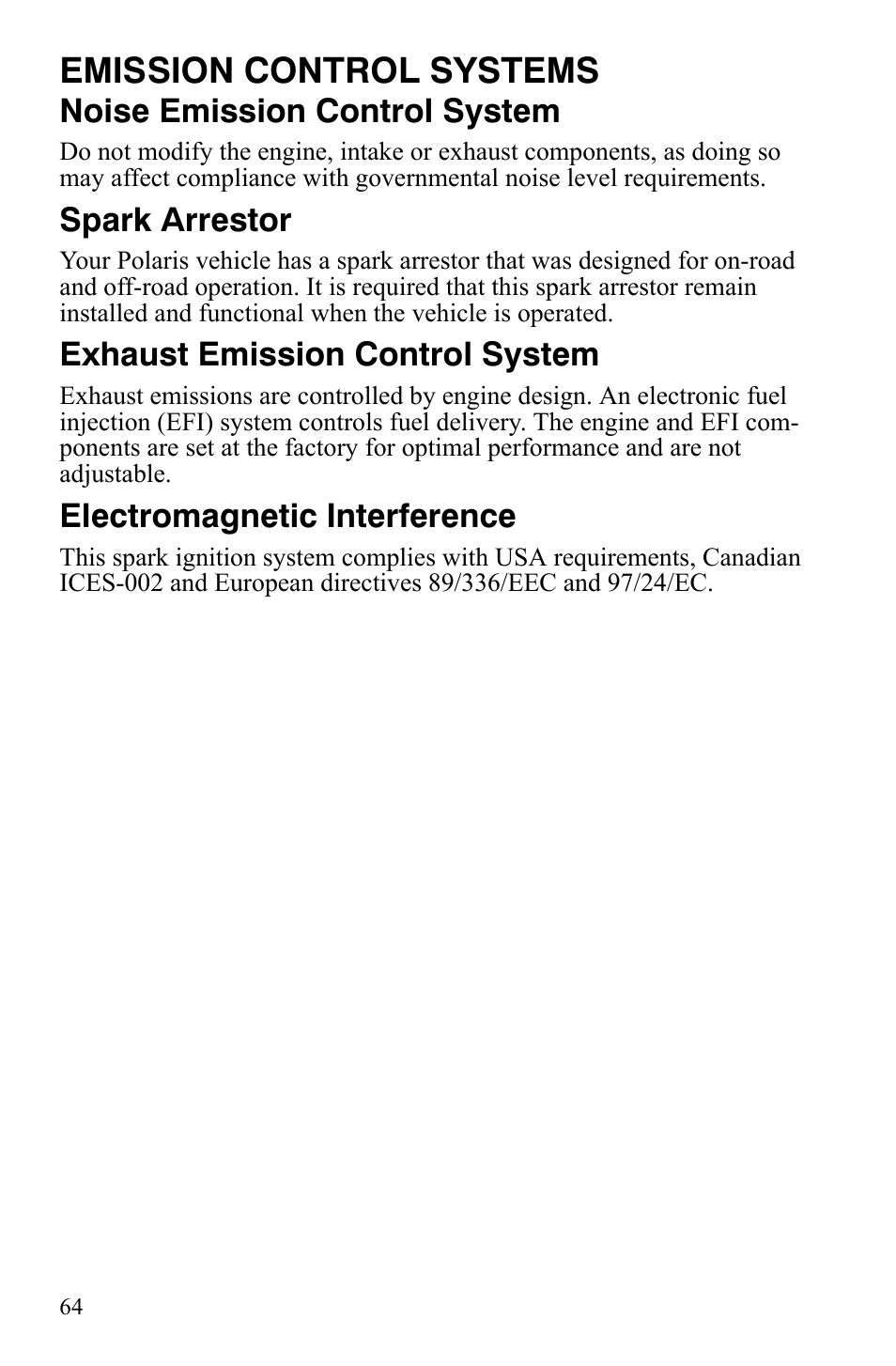 Emission control systems, Noise emission control system, Spark arrestor | Exhaust emission control system, Electromagnetic interference | Polaris Sportsman 9922172 User Manual | Page 66 / 140