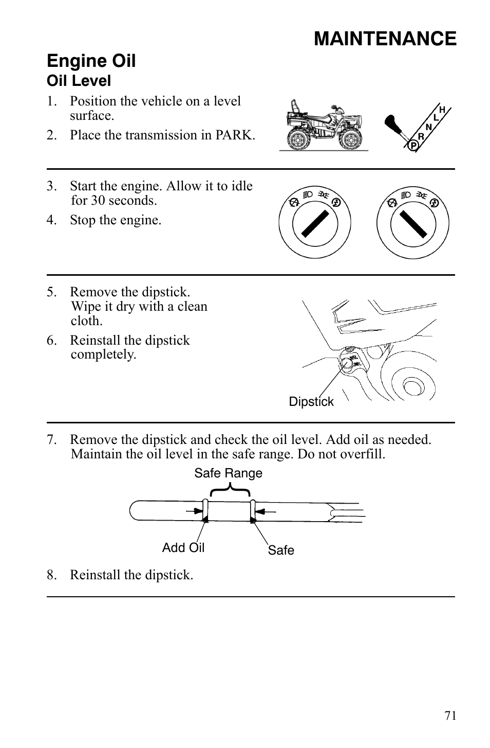 Maintenance, Engine oil | Polaris Sportsman 9922172 User Manual | Page 73 / 140