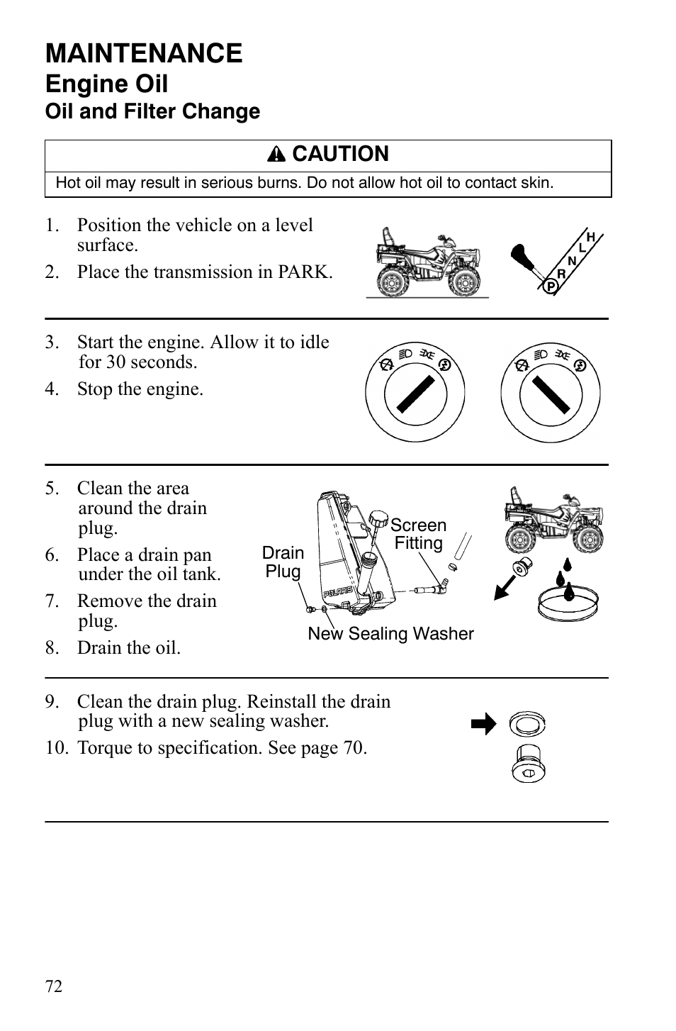 Maintenance, Engine oil | Polaris Sportsman 9922172 User Manual | Page 74 / 140