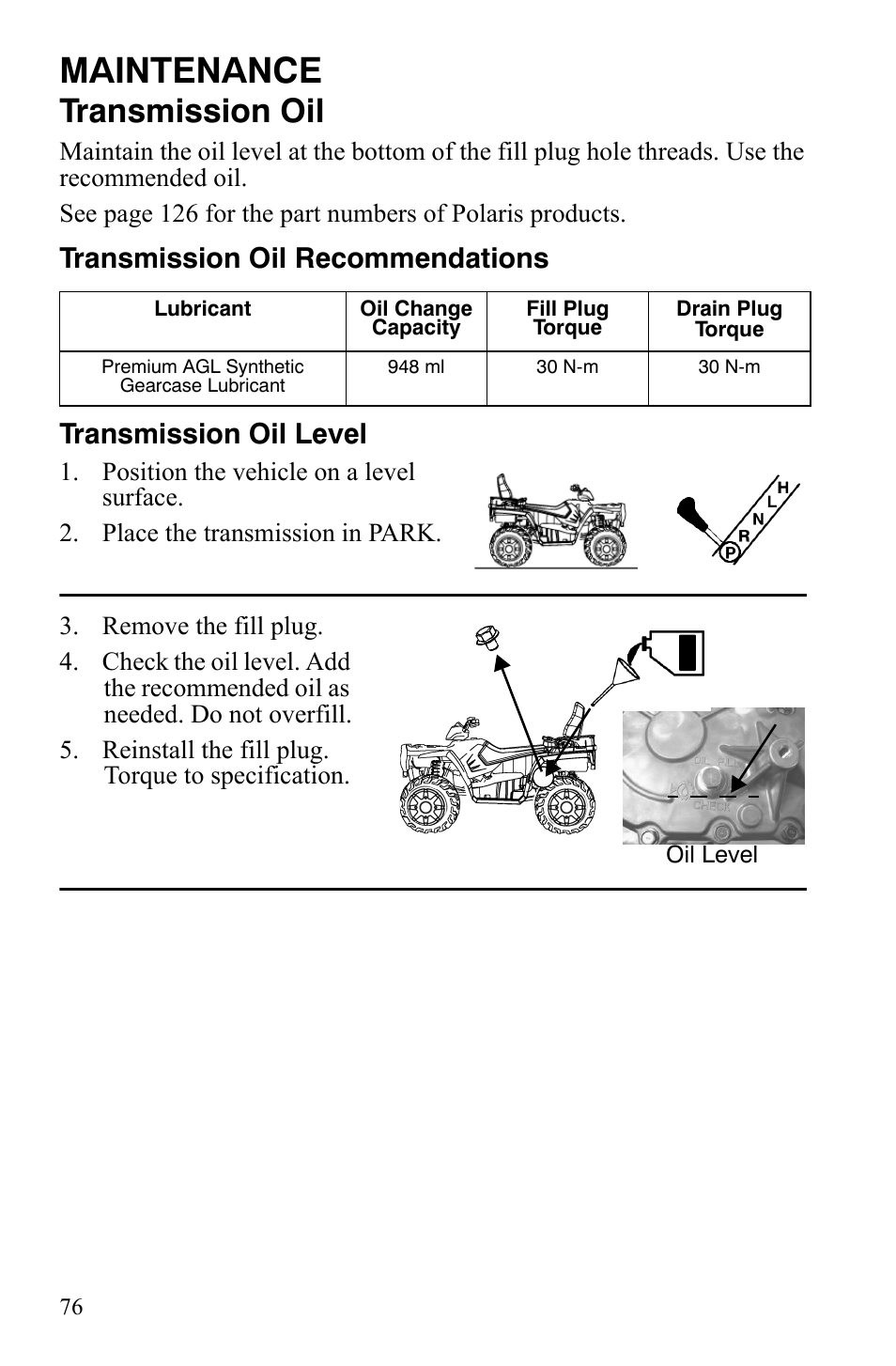 Maintenance, Transmission oil | Polaris Sportsman 9922172 User Manual | Page 78 / 140