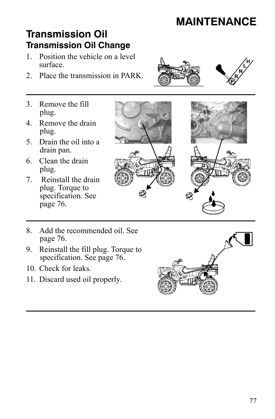 Maintenance, Transmission oil | Polaris Sportsman 9922172 User Manual | Page 79 / 140