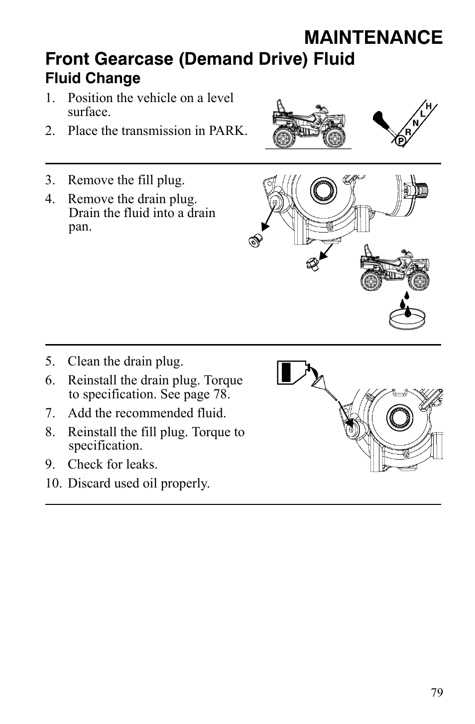 Maintenance, Front gearcase (demand drive) fluid | Polaris Sportsman 9922172 User Manual | Page 81 / 140