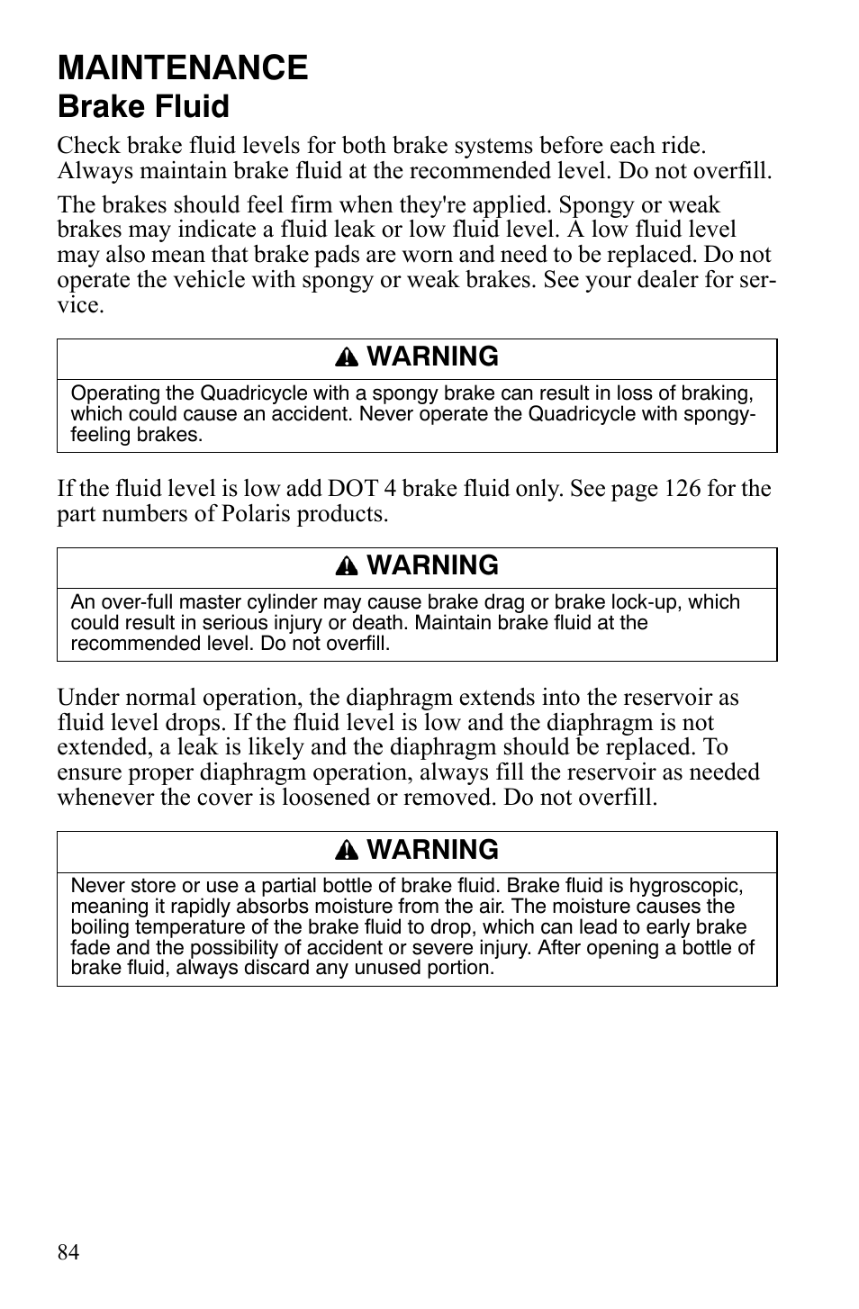 Maintenance, Brake fluid, Warning | Polaris Sportsman 9922172 User Manual | Page 86 / 140