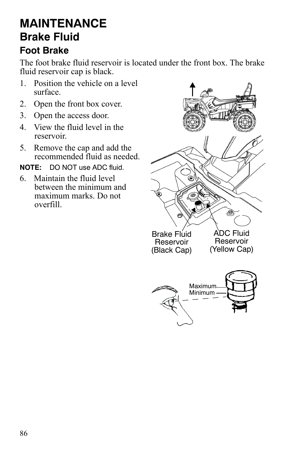 Maintenance, Brake fluid, Foot brake | Polaris Sportsman 9922172 User Manual | Page 88 / 140