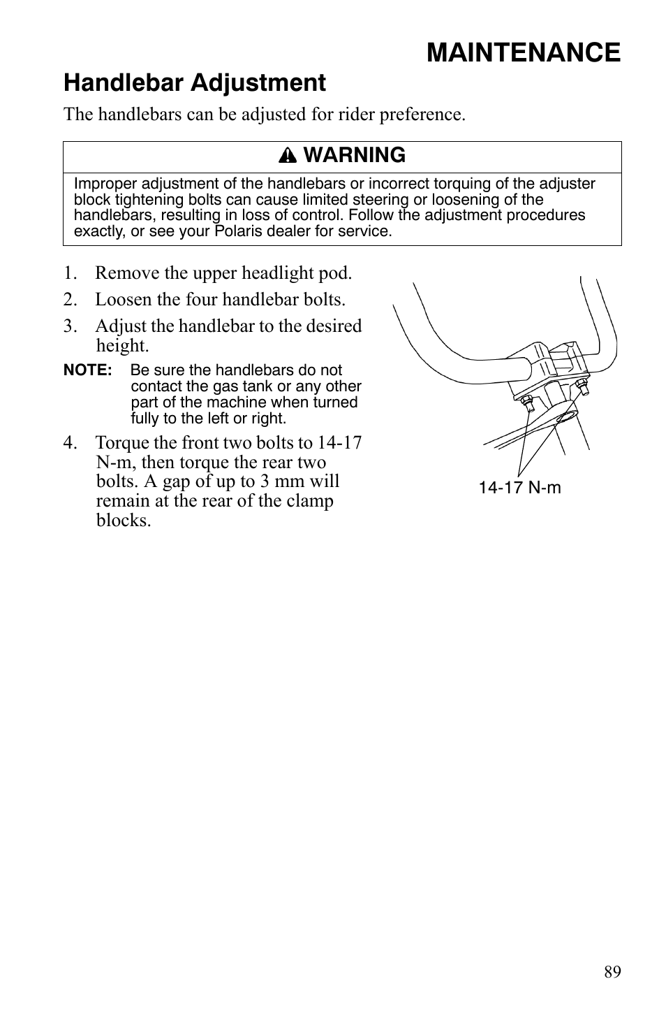 Maintenance, Handlebar adjustment, Warning | Polaris Sportsman 9922172 User Manual | Page 91 / 140