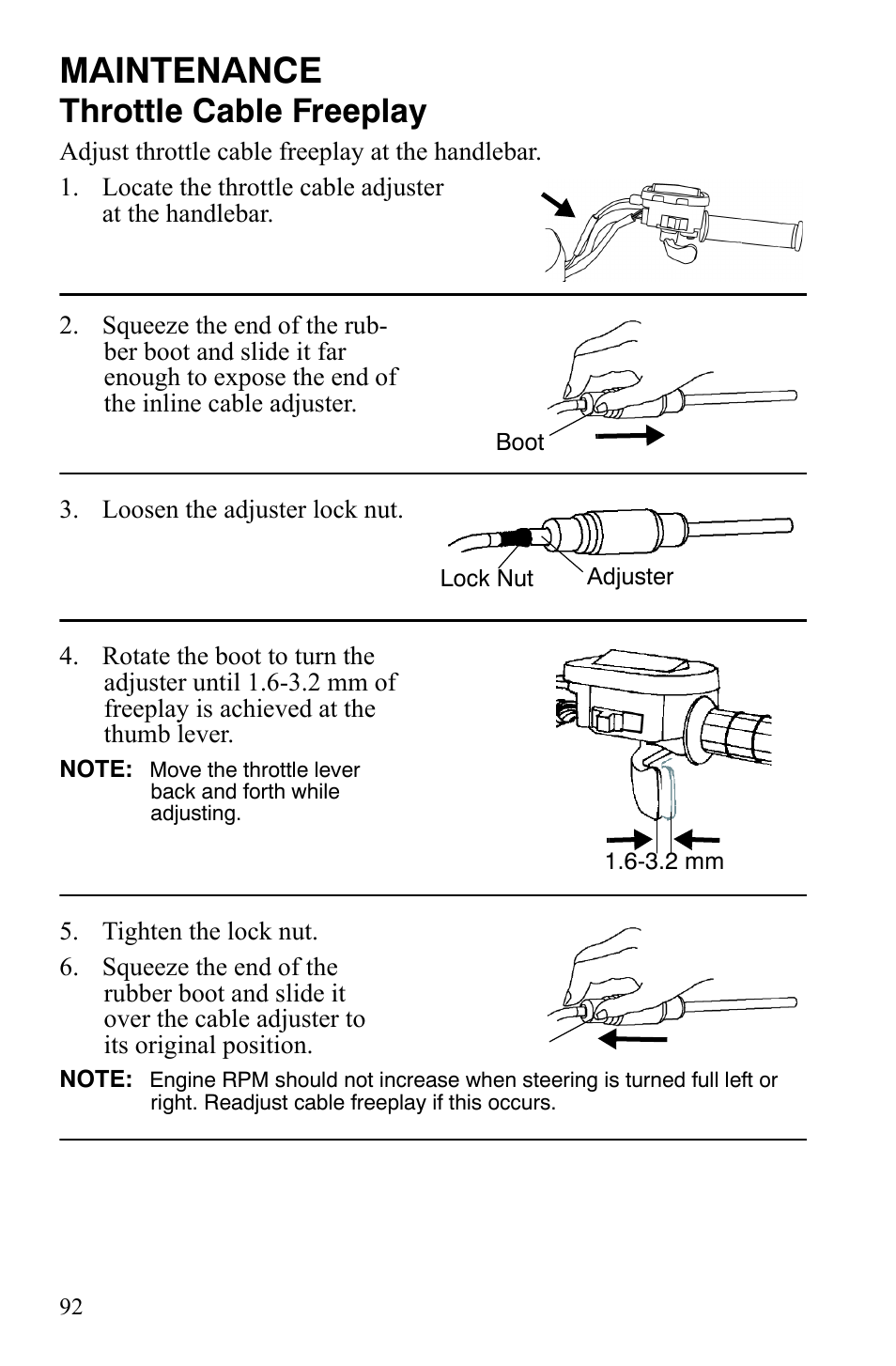 Maintenance, Throttle cable freeplay | Polaris Sportsman 9922172 User Manual | Page 94 / 140