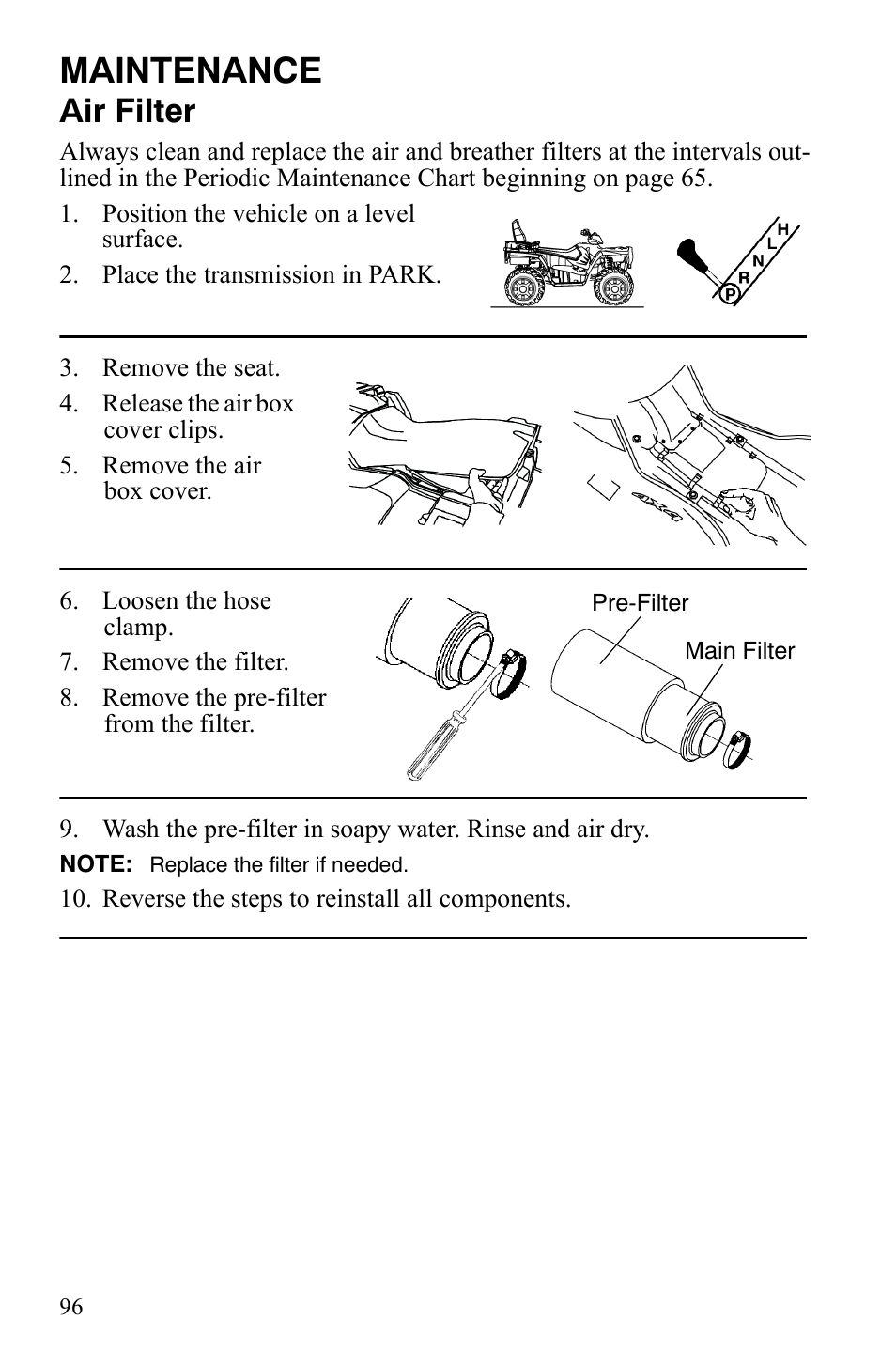 Maintenance, Air filter | Polaris Sportsman 9922172 User Manual | Page 98 / 140