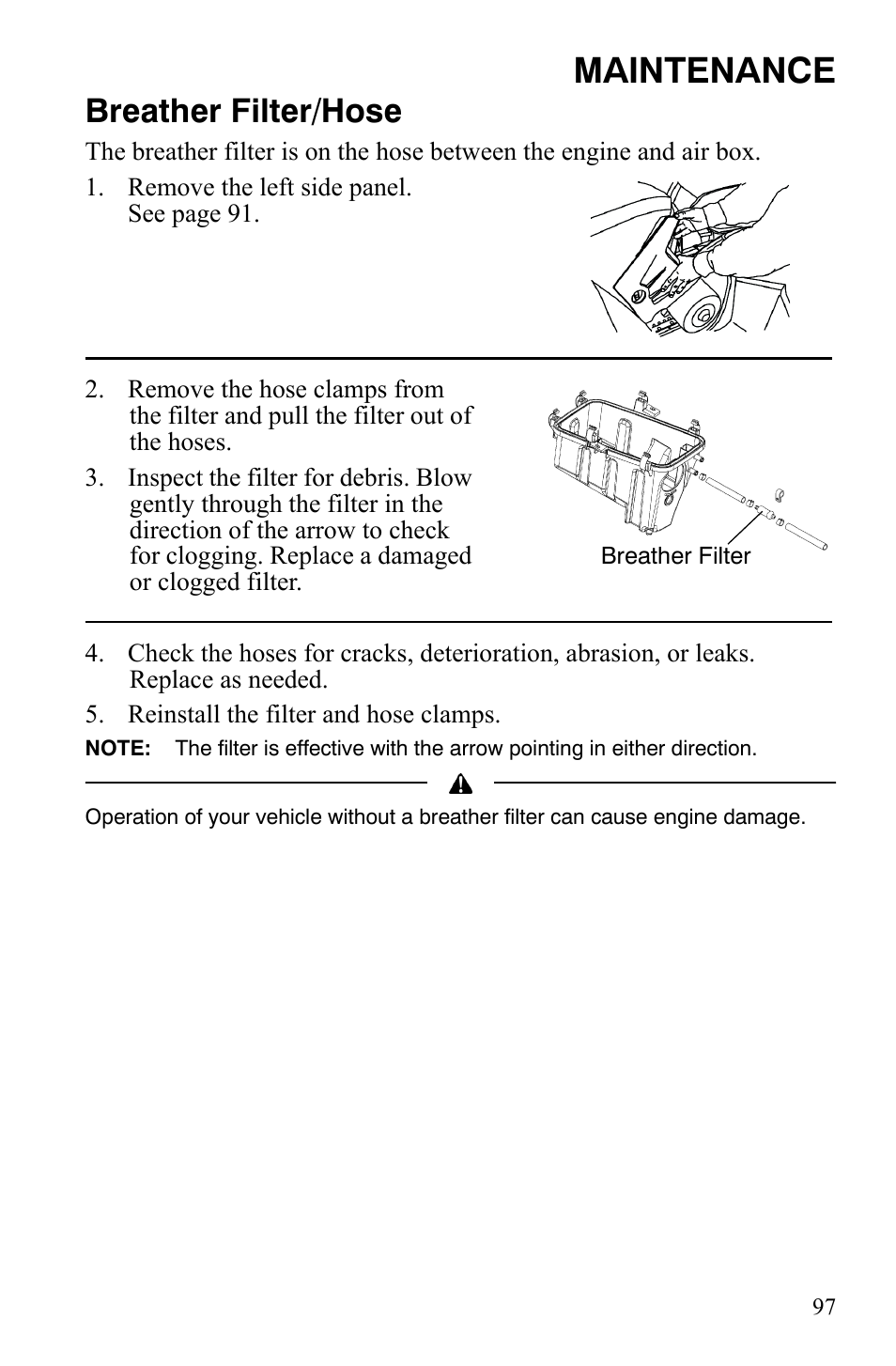 Maintenance, Breather filter/hose | Polaris Sportsman 9922172 User Manual | Page 99 / 140