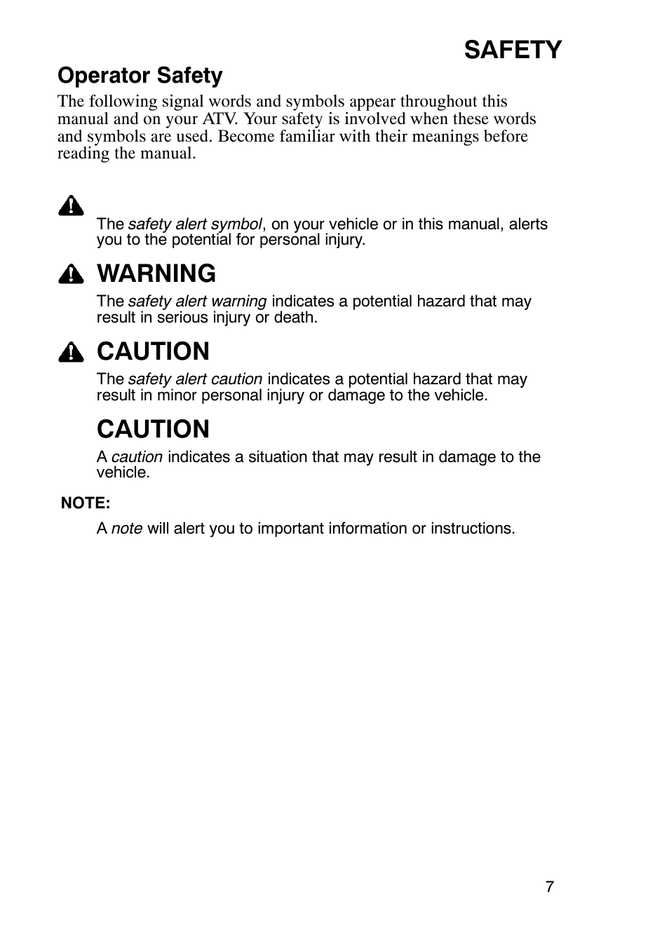 Safety, Warning, Caution | Operator safety | Polaris Trail Boss 9920770 User Manual | Page 10 / 122