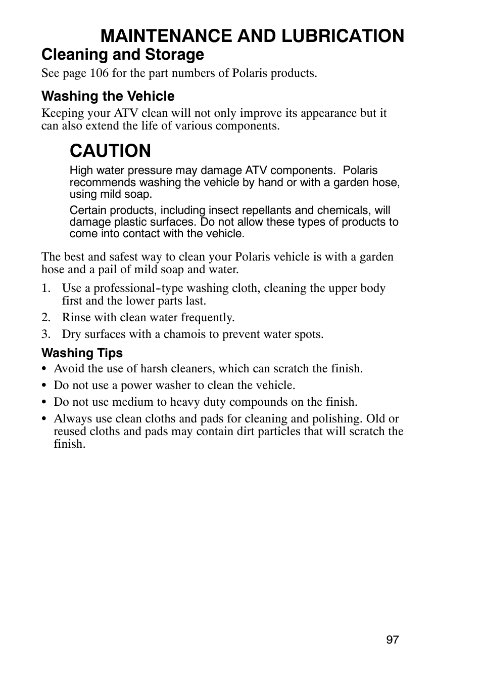 Maintenance and lubrication, Caution, Cleaning and storage | Polaris Trail Boss 9920770 User Manual | Page 100 / 122