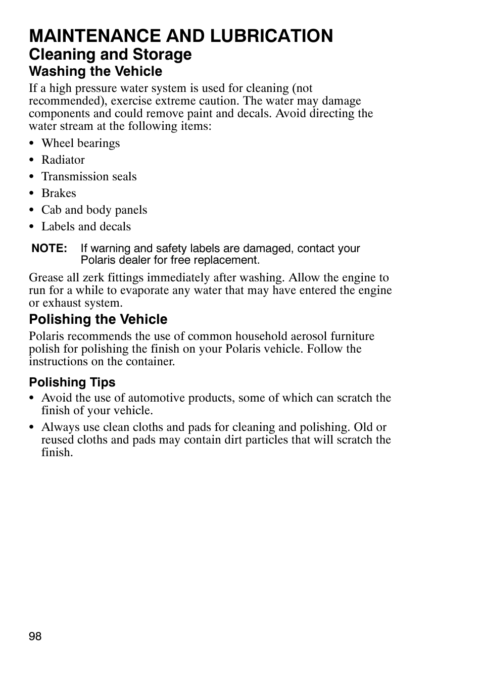 Maintenance and lubrication, Cleaning and storage | Polaris Trail Boss 9920770 User Manual | Page 101 / 122