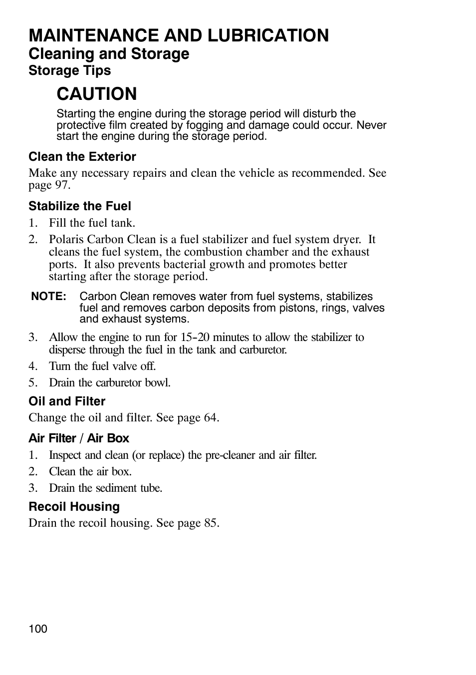 Maintenance and lubrication, Caution, Cleaning and storage | Polaris Trail Boss 9920770 User Manual | Page 103 / 122
