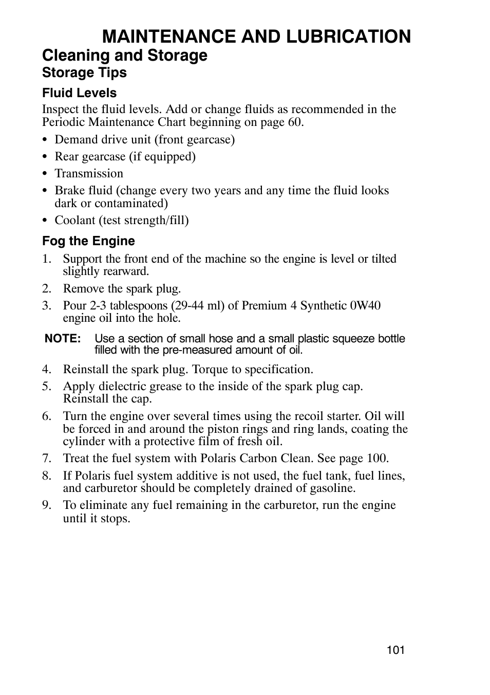 Maintenance and lubrication, Cleaning and storage | Polaris Trail Boss 9920770 User Manual | Page 104 / 122