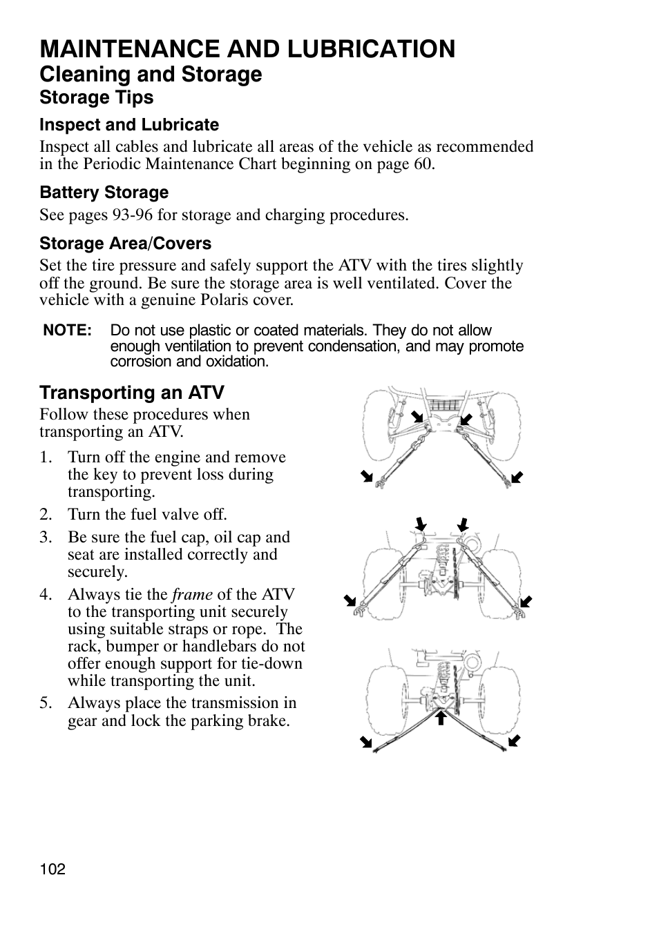 Maintenance and lubrication, Cleaning and storage | Polaris Trail Boss 9920770 User Manual | Page 105 / 122