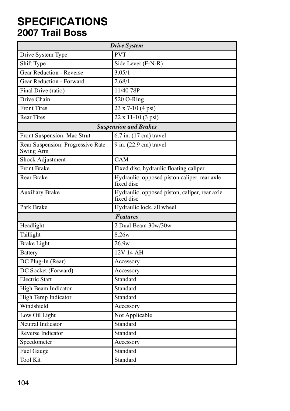 Specifications, 2007 trail boss | Polaris Trail Boss 9920770 User Manual | Page 107 / 122