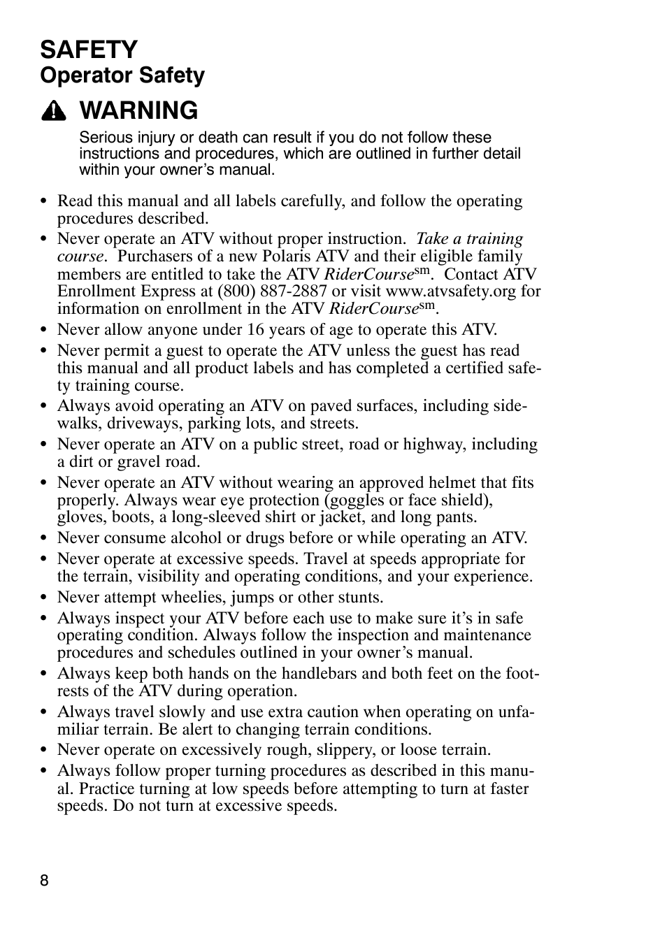 Safety, Warning, Operator safety | Polaris Trail Boss 9920770 User Manual | Page 11 / 122