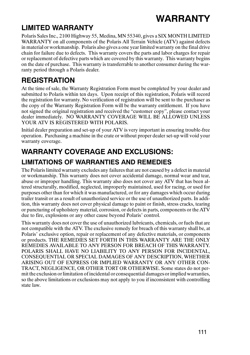 Warranty, Limited warranty, Registration | Warranty coverage and exclusions, Limitations of warranties and remedies | Polaris Trail Boss 9920770 User Manual | Page 114 / 122