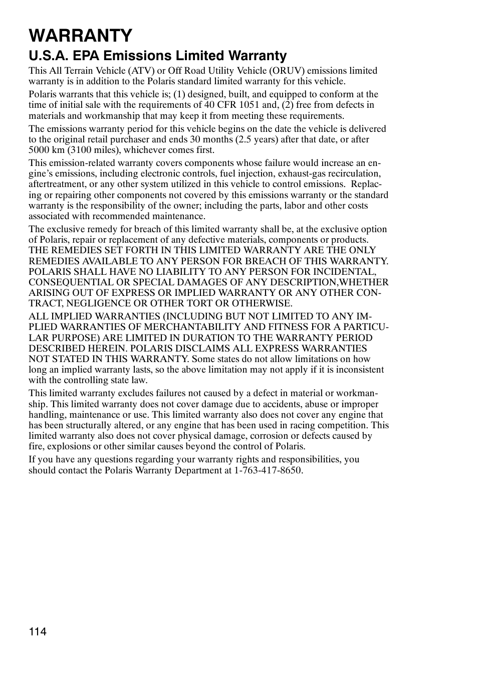 Warranty, U.s.a. epa emissions limited warranty | Polaris Trail Boss 9920770 User Manual | Page 117 / 122