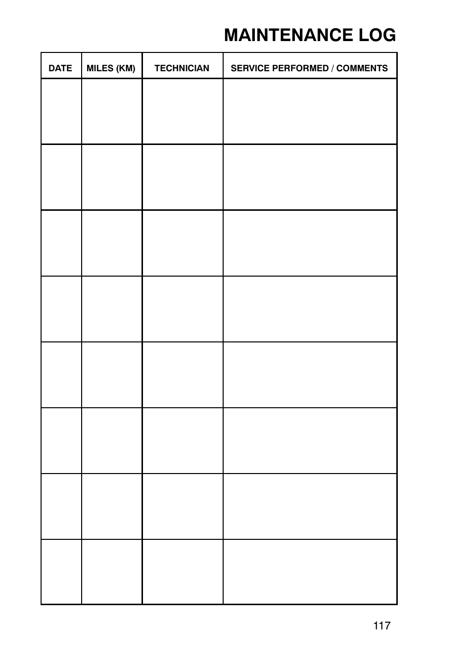 Maintenance log | Polaris Trail Boss 9920770 User Manual | Page 120 / 122