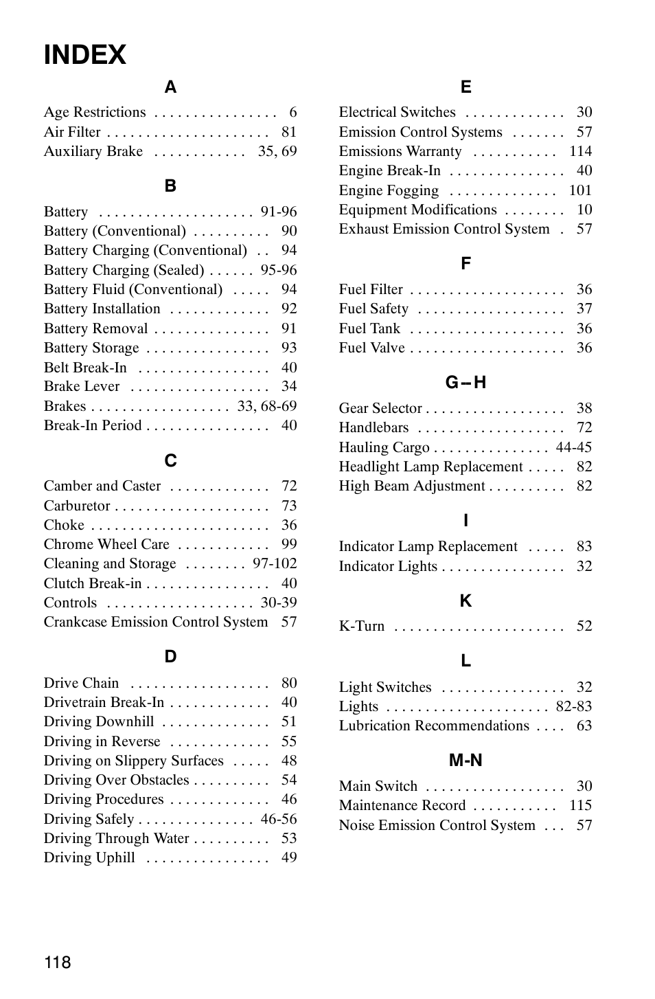 Index | Polaris Trail Boss 9920770 User Manual | Page 121 / 122