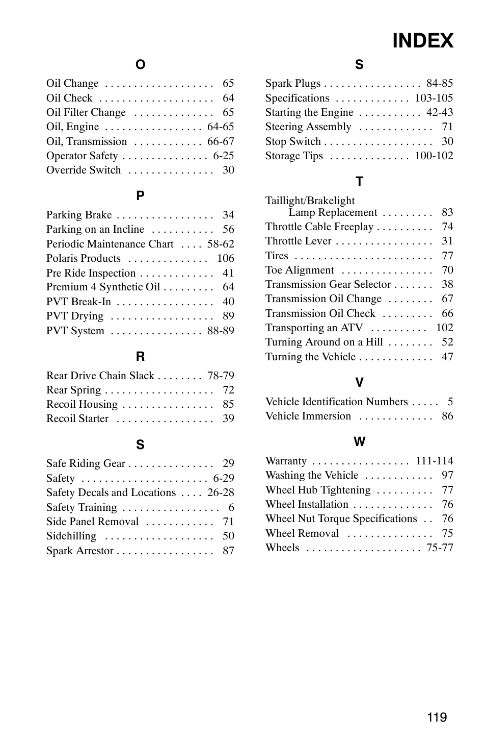 Index | Polaris Trail Boss 9920770 User Manual | Page 122 / 122